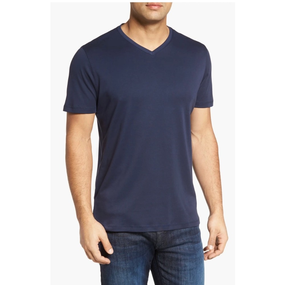 Robert Barakett Blue Night Navy Pima Cotton V-Neck T-Shirt Men's Medium‎